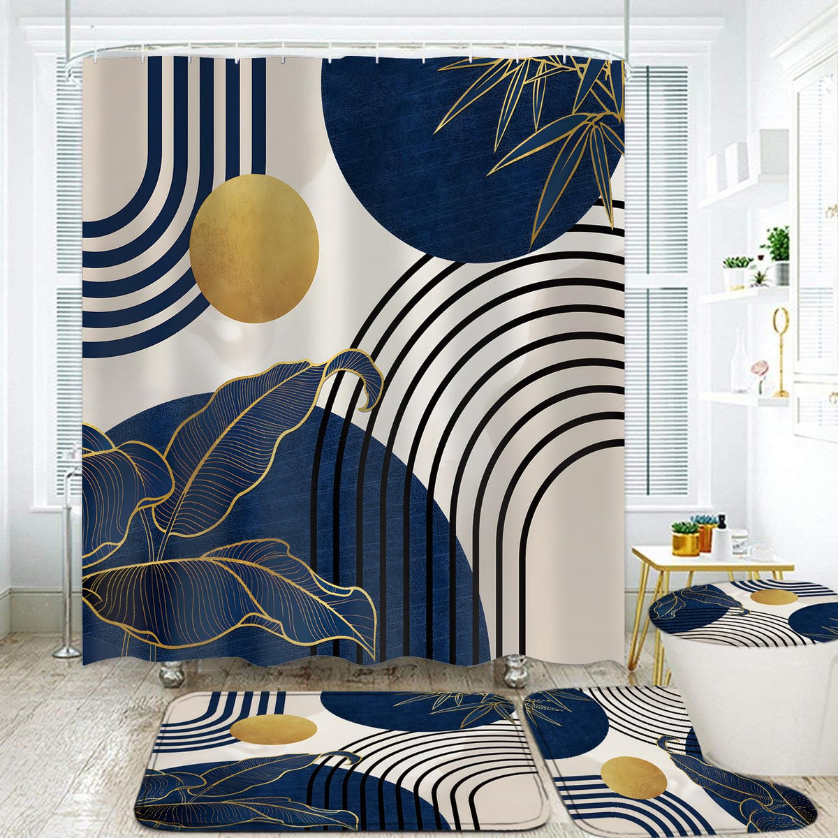 LQCOOL 4pcs Boho Shower Curtain Set with Rugs Green Leaf Bathroom Set