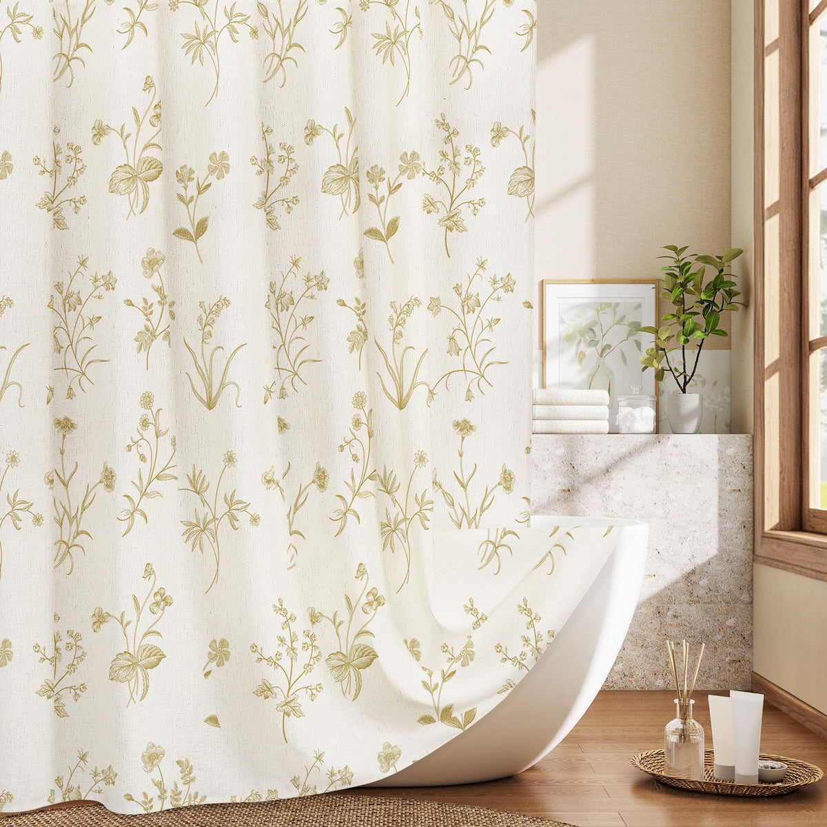 MitoVilla Blue Boho Linen Shower Curtain - Floral Farmhouse Curtain 72x72