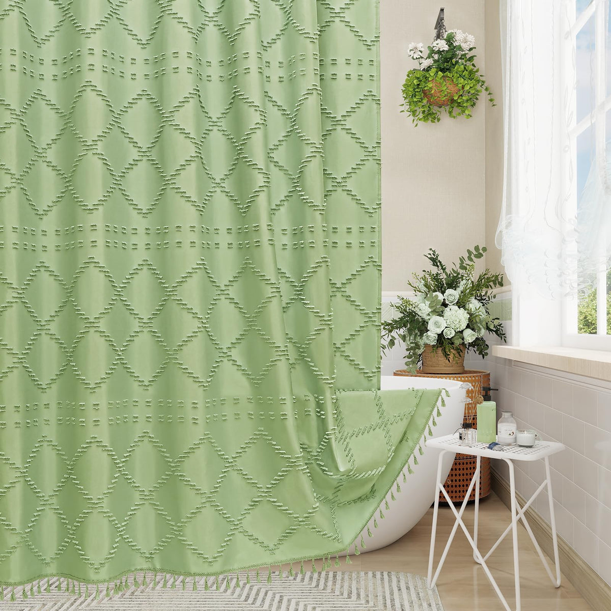 Blue Boho Woven Fabric Shower Curtain with Tassel 72 x 72, Tufted Textured