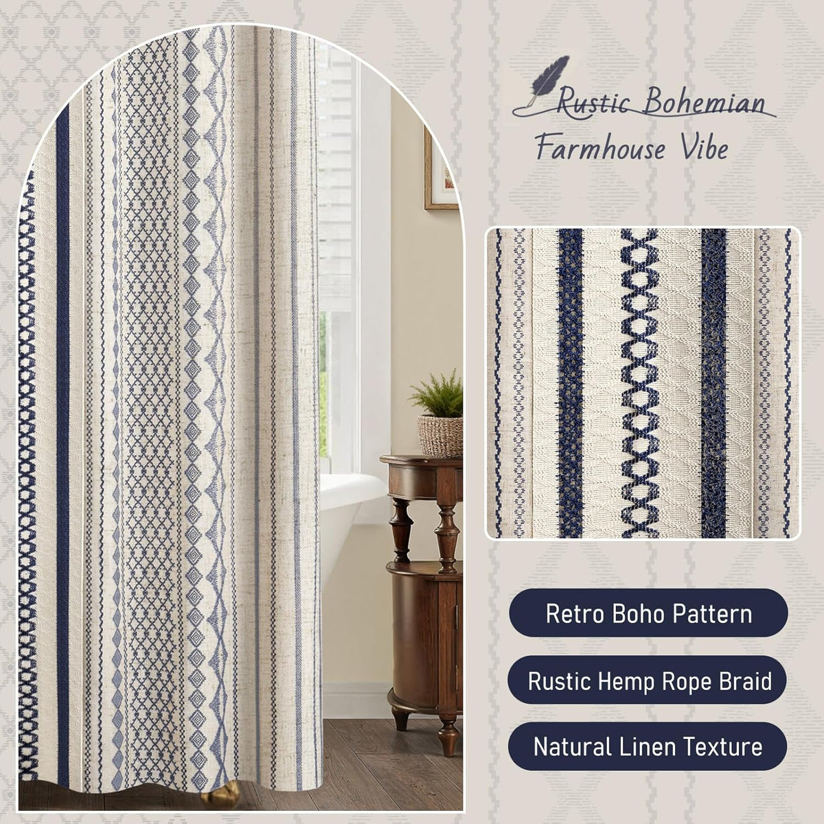 Nave Blue Boho Linen Shower Curtain,72" W x 72" L