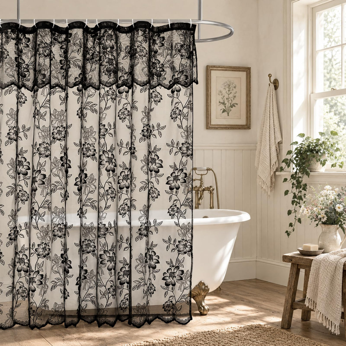 Ivory Lace Shower Curtain with Attached Valance, 72 x 72 Inch 1 Panel