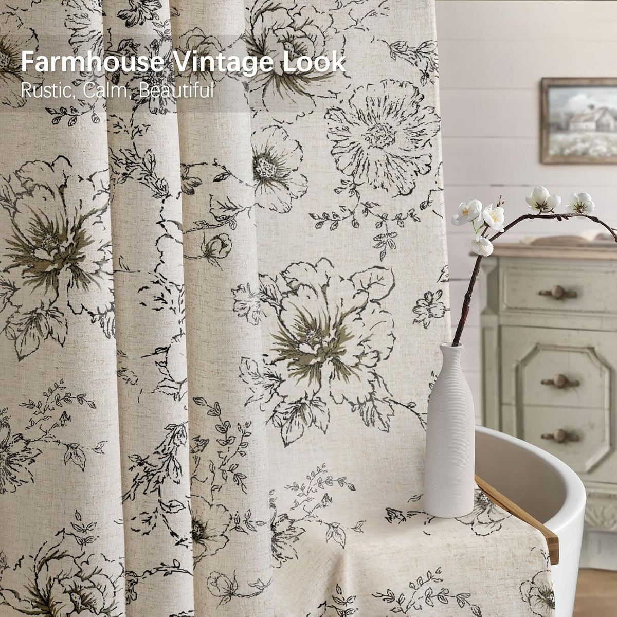 Farmhouse Floral Vintage Shower Curtain for Bathroom, Black and Tan Taupe