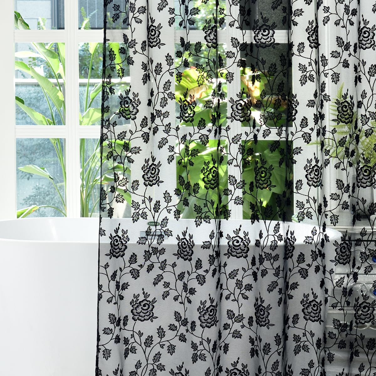 Black Lace Shower Curtain with Attached Valance, 72 x 72 Inch, 1 Panel