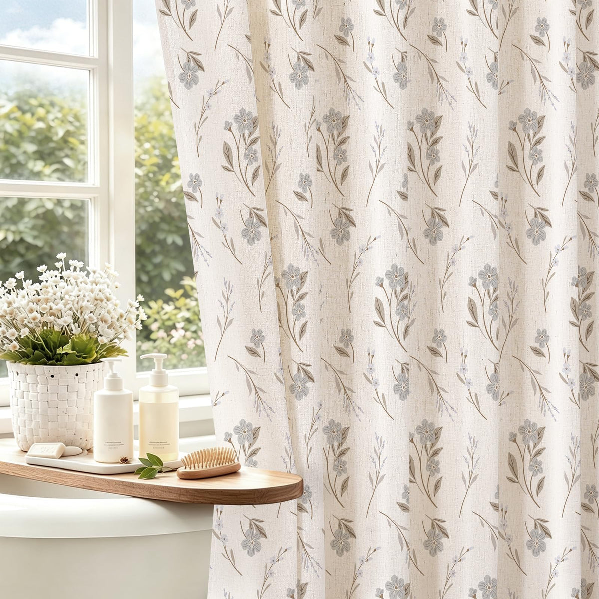 Blue Linen Farmhouse Shower Curtain, Vintage Boho Floral 72x72