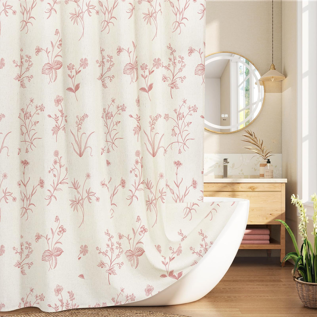 MitoVilla Blue Boho Linen Shower Curtain - Floral Farmhouse Curtain 72x72