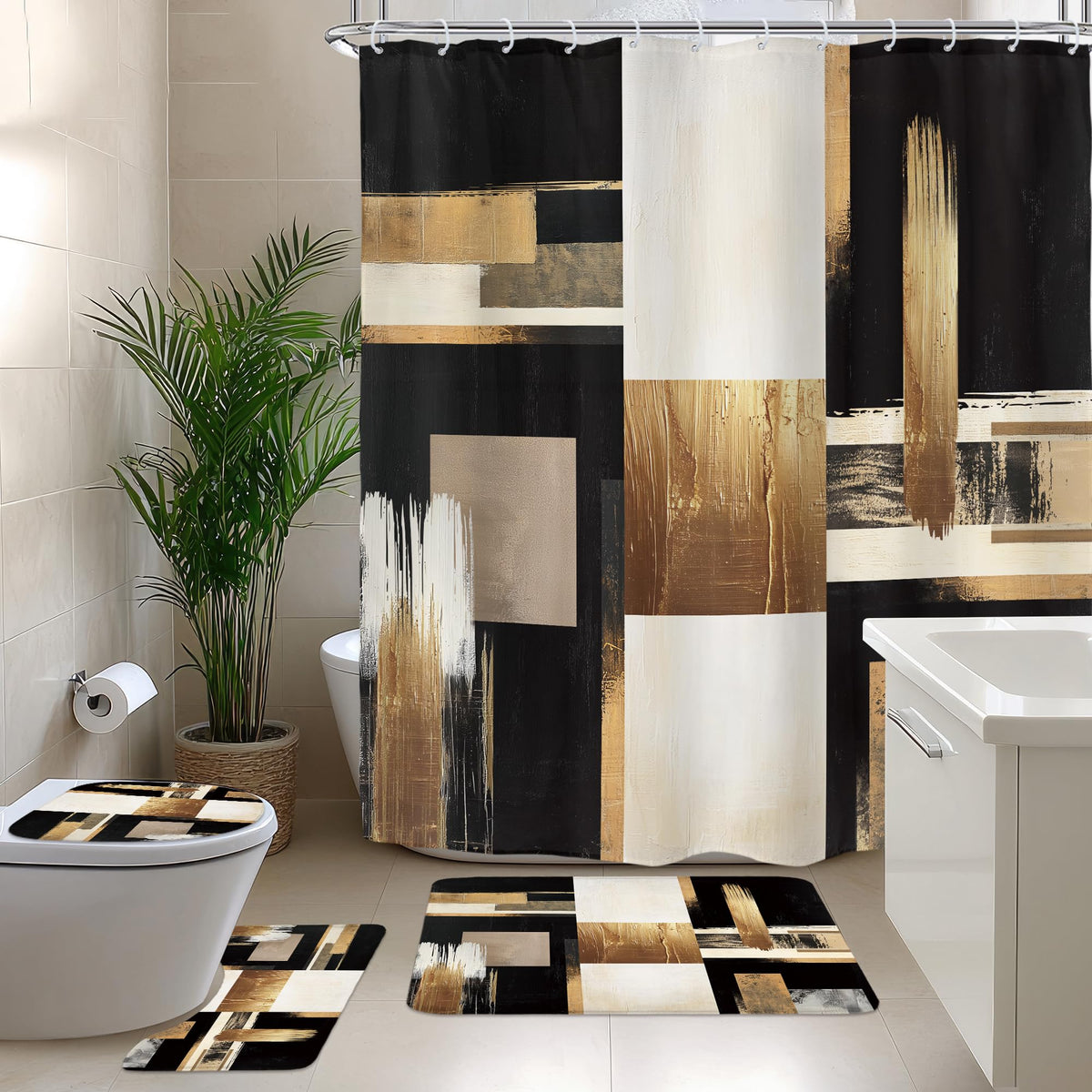 Black Gold Abstract Modern Oil 4Pcs Bathroom Shower Curtain Set with Rugs