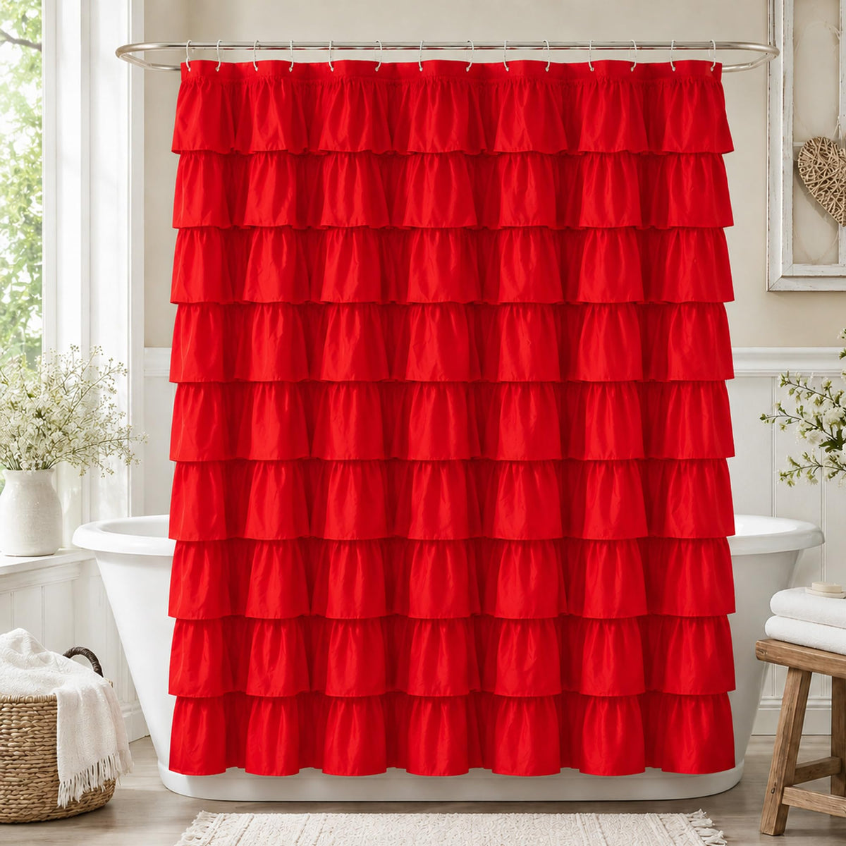 White Ruffle Shower Curtain for Bathroom,72 x 72 Inches, Farmhouse Style