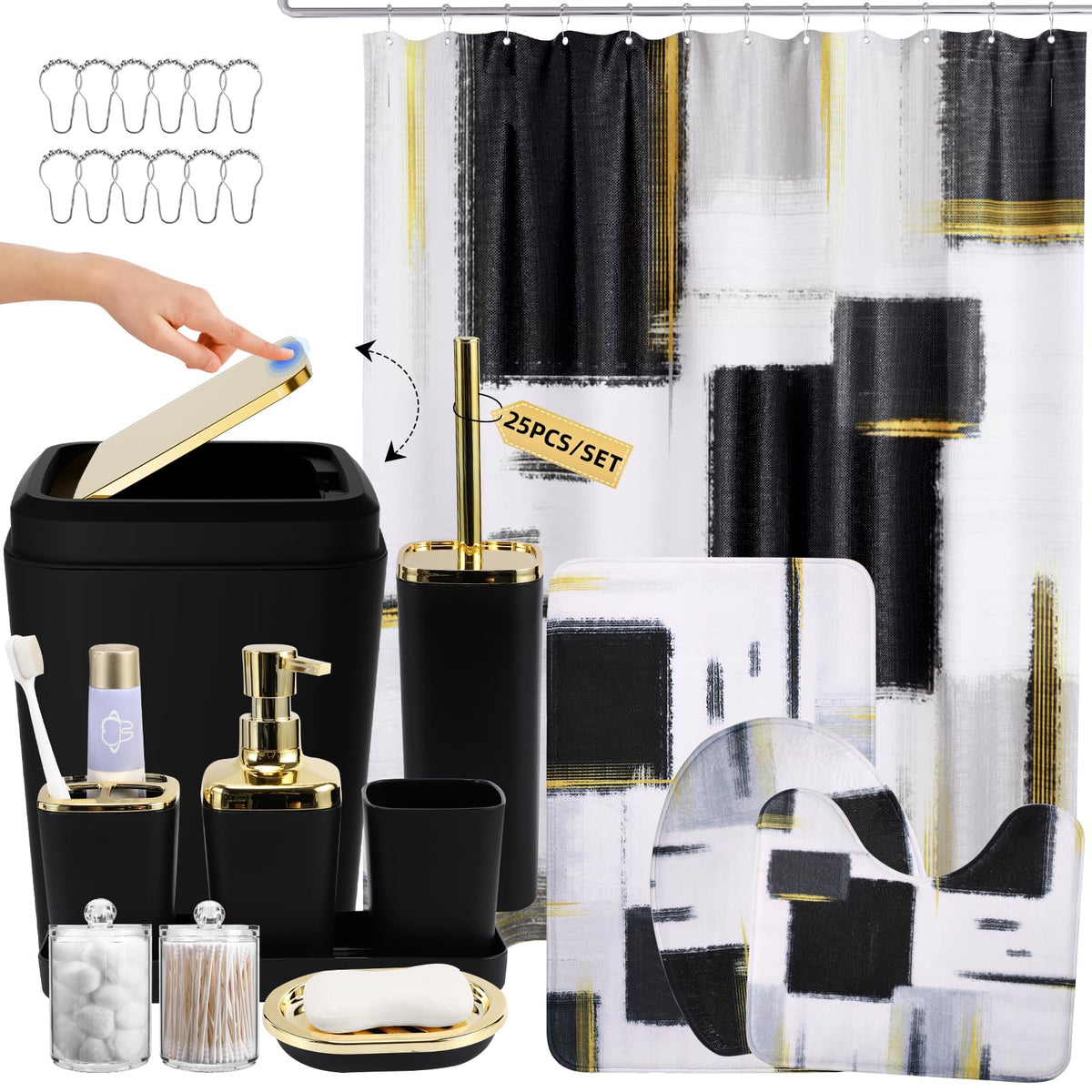 XLHOMO Bathroom Accessories Set - 25PC Bathroom Set with Shower Curtain and Rugs, Pink Bathroom Set, Bathroom Accessory Set with Press-on Lid Trash Can, Soap Dispenser and Qtip Holders