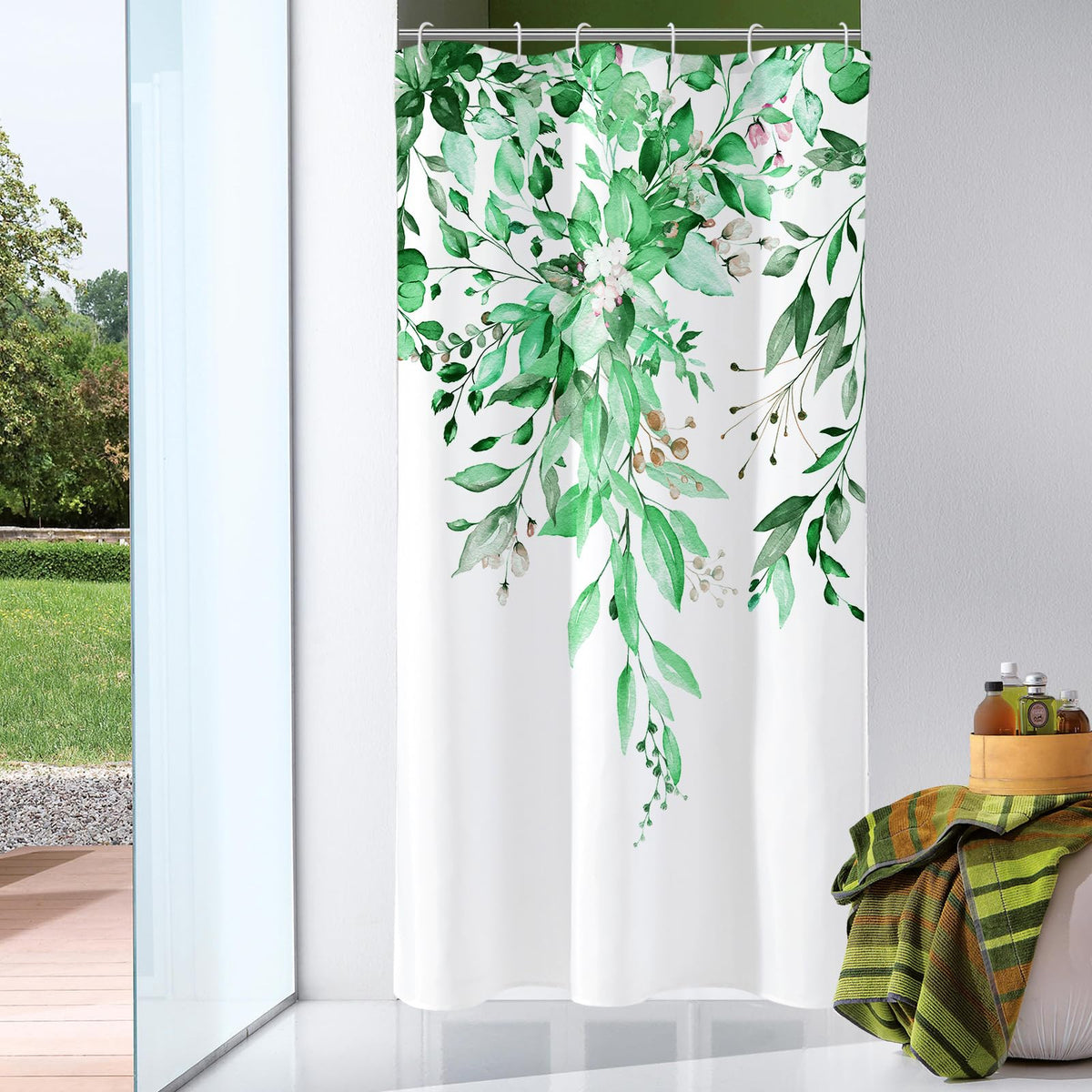 Gibelle Olive Green Eucalyptus Shower Curtain, Floral Print, 72x72