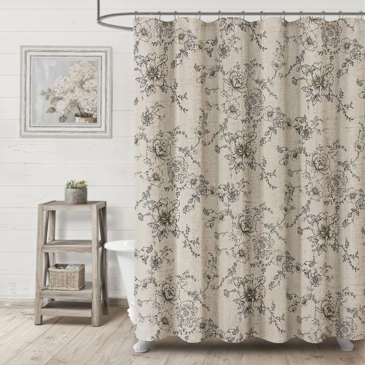 Farmhouse Floral Vintage Shower Curtain for Bathroom, Black and Tan Taupe