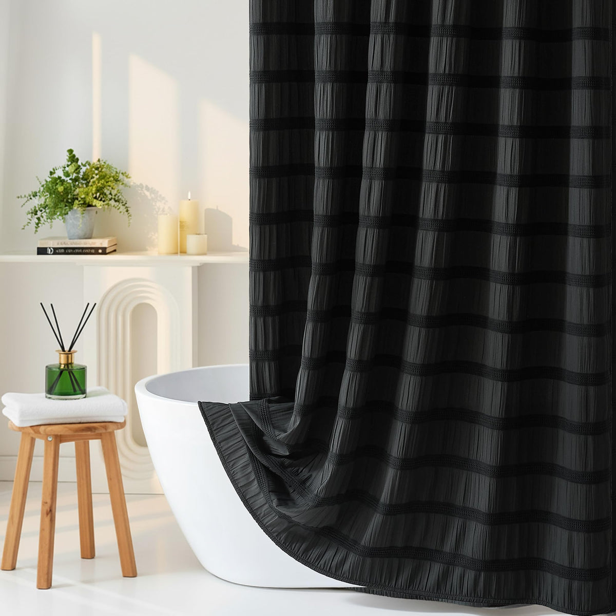 Extra Long White Shower Curtain Farmhouse,72 x 96 Cotton Blend Waffle Tufted Striped Chic Textured Fabric Shower Curtain for Bathroom, Hotel, Washable