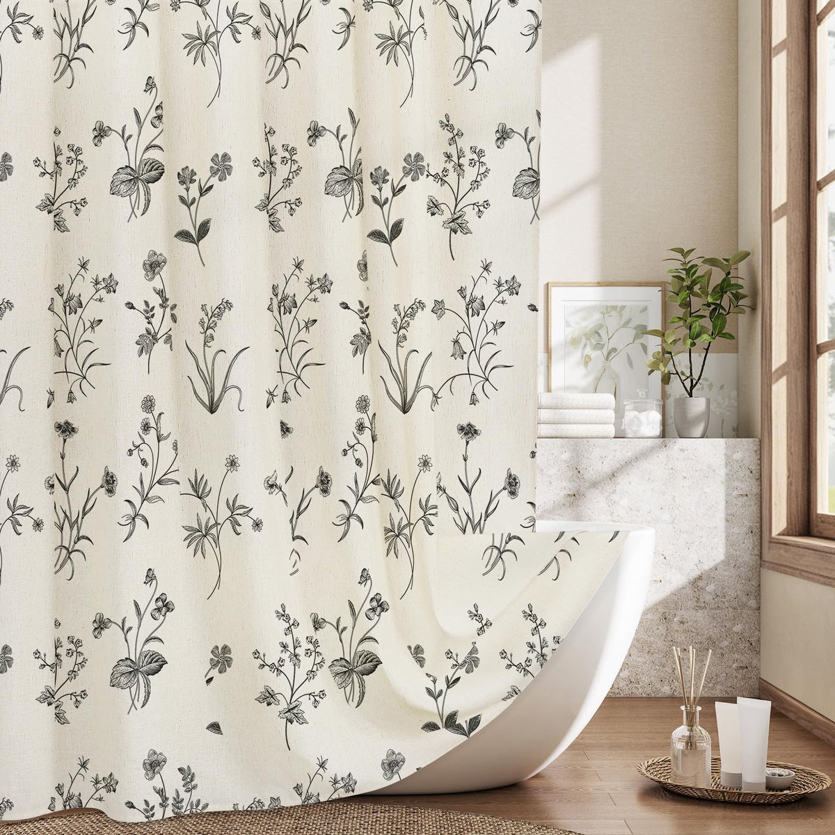 MitoVilla Blue Boho Linen Shower Curtain - Floral Farmhouse Curtain 72x72