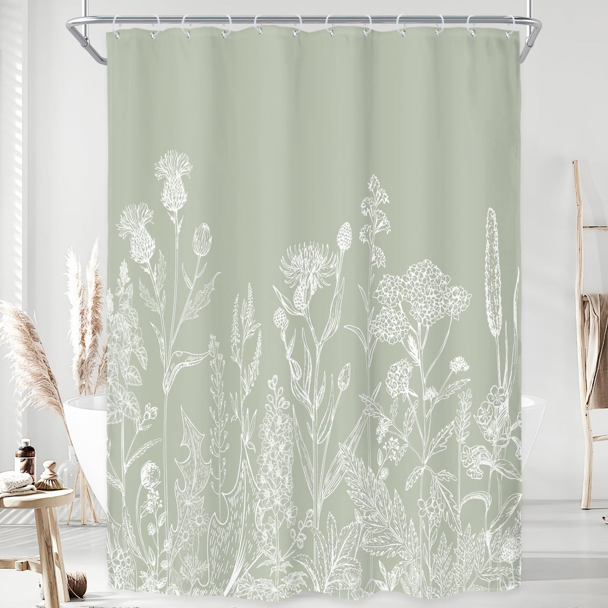 Sage Green Floral Wildflower Plant Herbs Nature Bathroom Shower Curtain Set