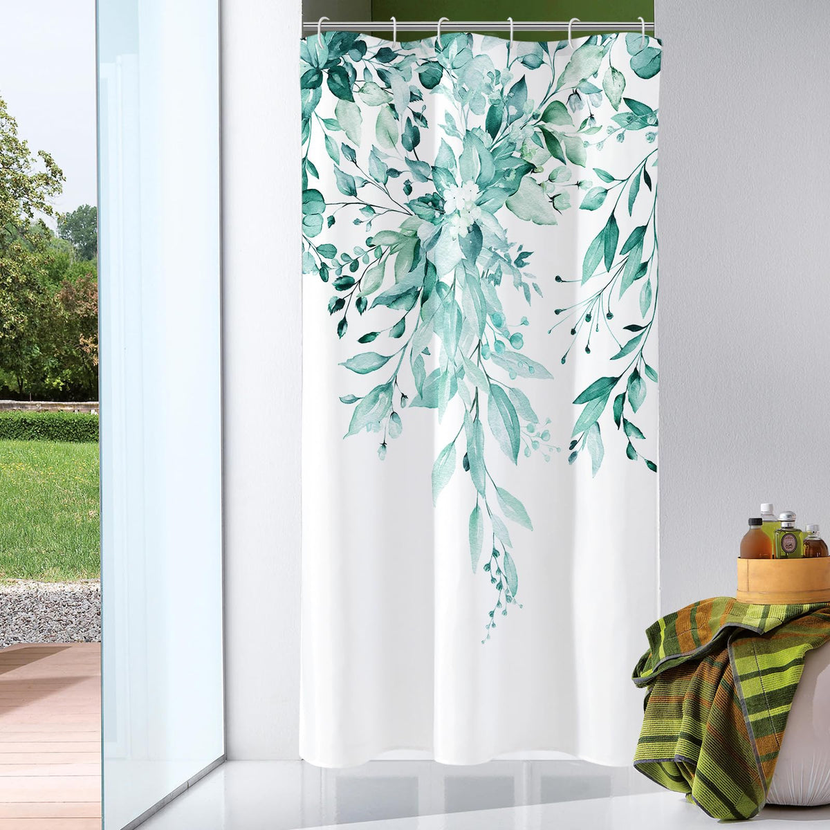 Gibelle Olive Green Eucalyptus Shower Curtain, Floral Print, 72x72