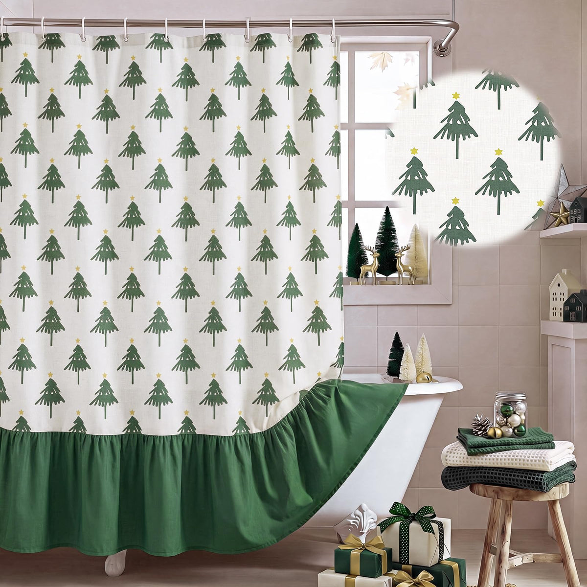 Irenare Fall Pumpkin Shower Curtain, Beige Ruffle Gingham Bathroom Decor