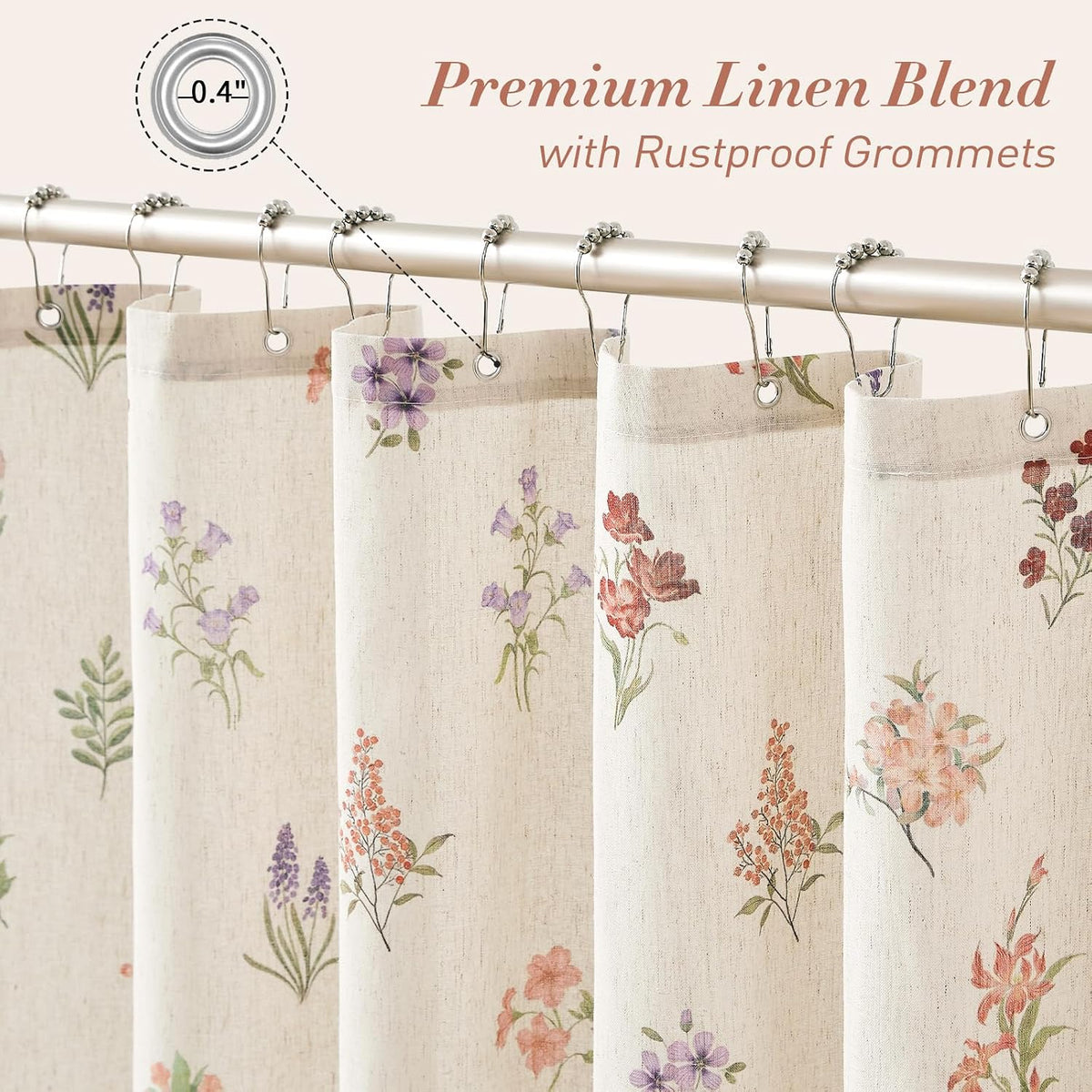 Floral Linen Shower Curtain, Spring Vintage Farmhouse Style, 72x72