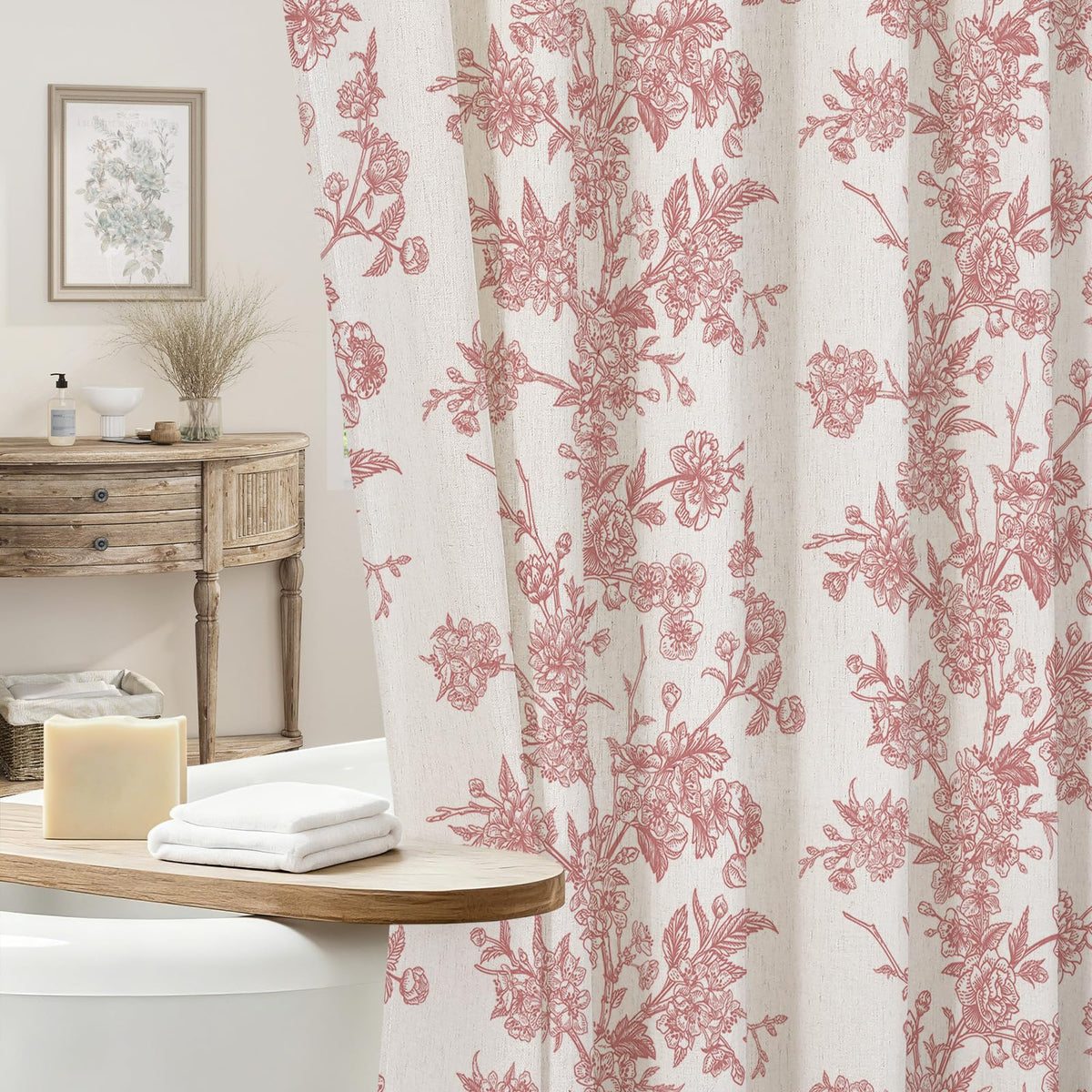 Sage Linen Farmhouse Shower Curtain, Vintage Boho Floral 72x72