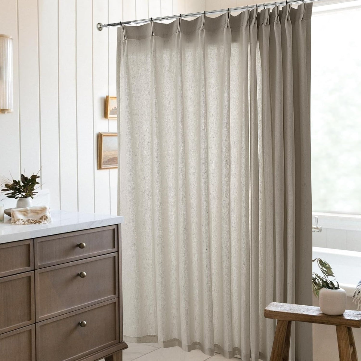 72 Inch Linen Pleated Shower Curtain Burlywood Birch Semi Sheer