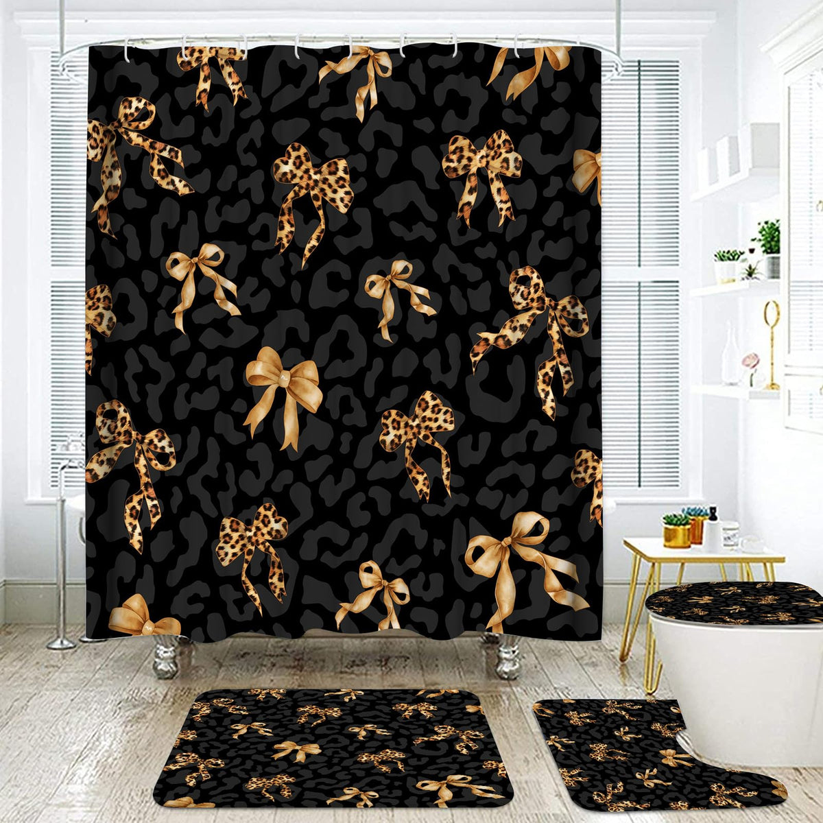 Leopard Shower Curtain 4Pcs Cheetah Print Shower Curtain Sets with Rugs