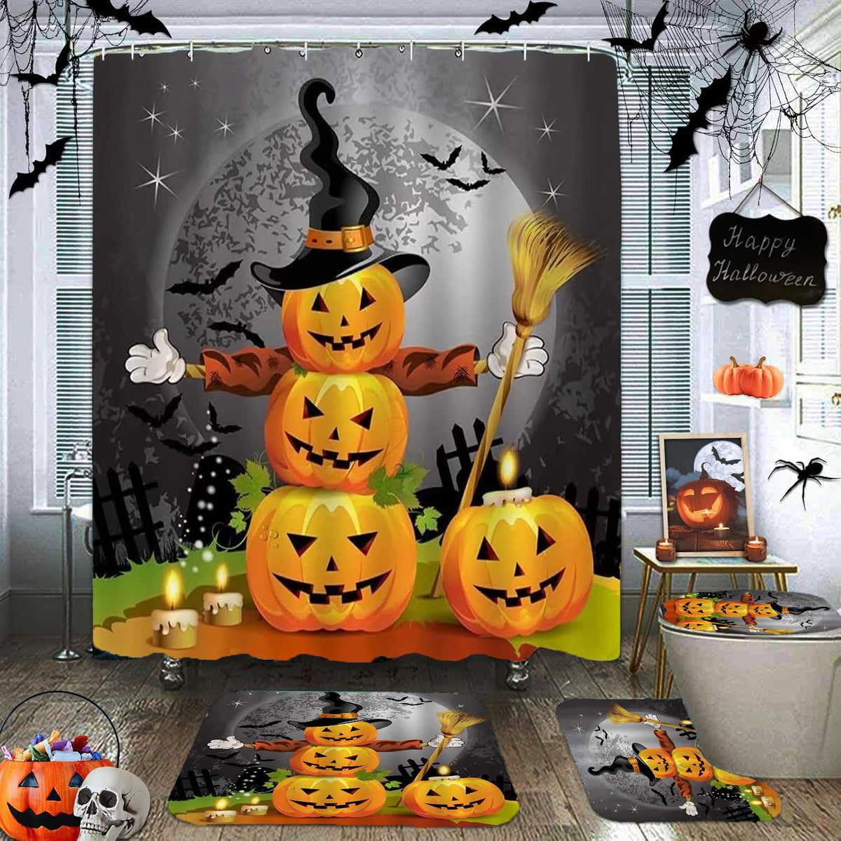 NBVKO 4PCS Black Oil Painting Style Shower Curtain Set with Non-Slip Rugs,Toilet Lid Cover and Bath Mat,Bathroom Decor Accessory Set