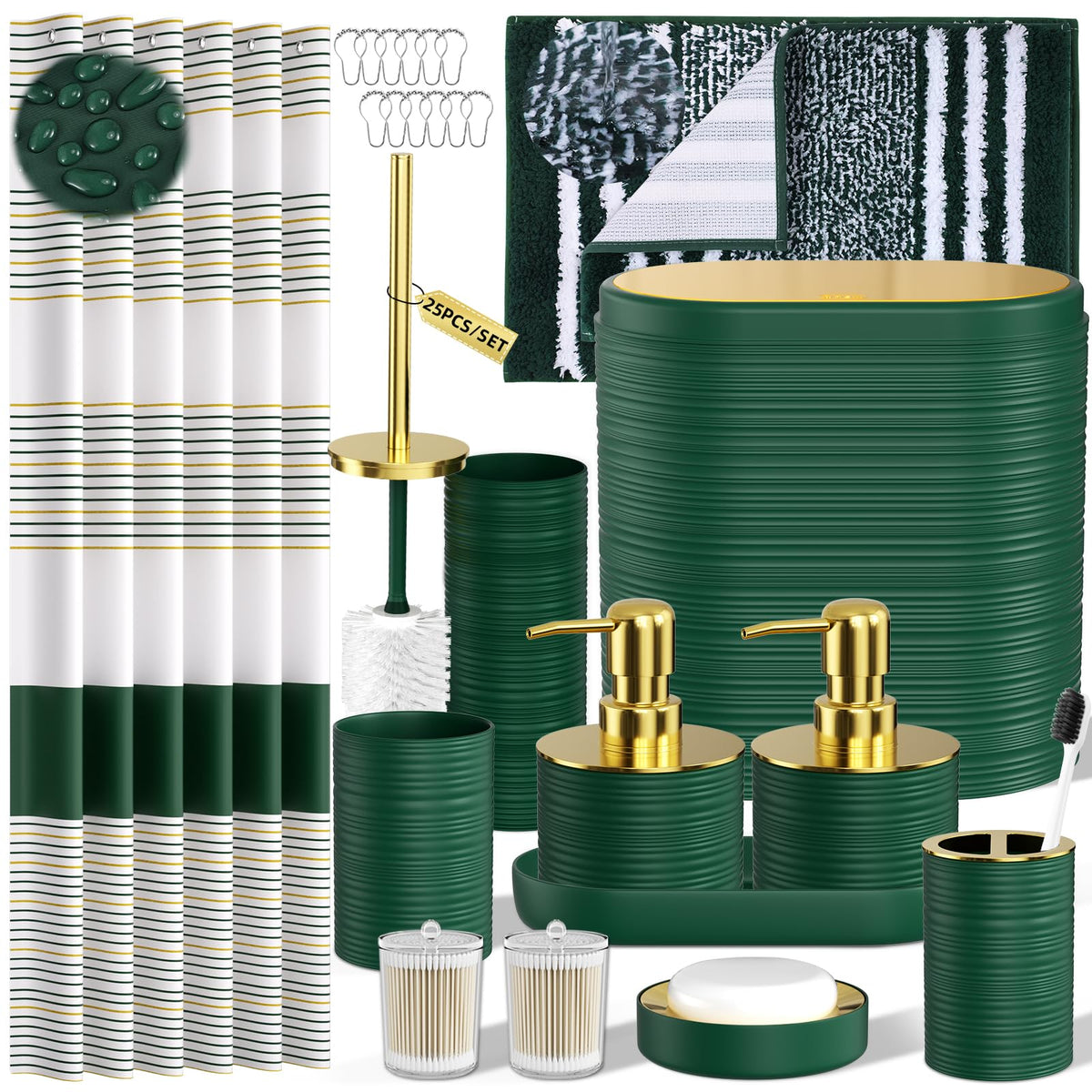 Bathroom Set, 10PC Bathroom Accessory Set, Black Bathroom Accessories, Black and Gold Bathroom Set with Trash Can, Soap Dispensers
