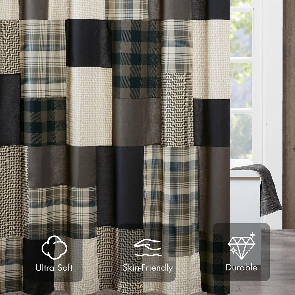 Woolrich Winter Hills 100% Cotton Shower Curtain, Cabin Lodge Plaid Pieced Design, Farmhouse Bathroom Decor, Machine Washable, Fabric Privacy Screen 72x72, Tan/Blue