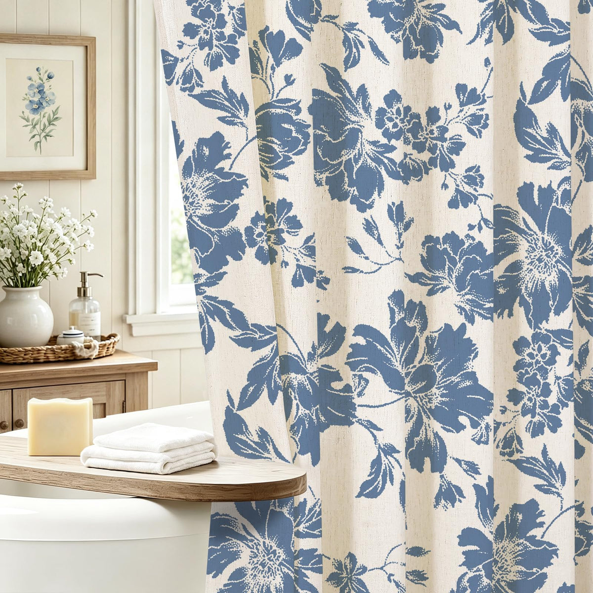Sage Farmhouse Boho Botanical Floral Linen Shower Curtain, 72x72