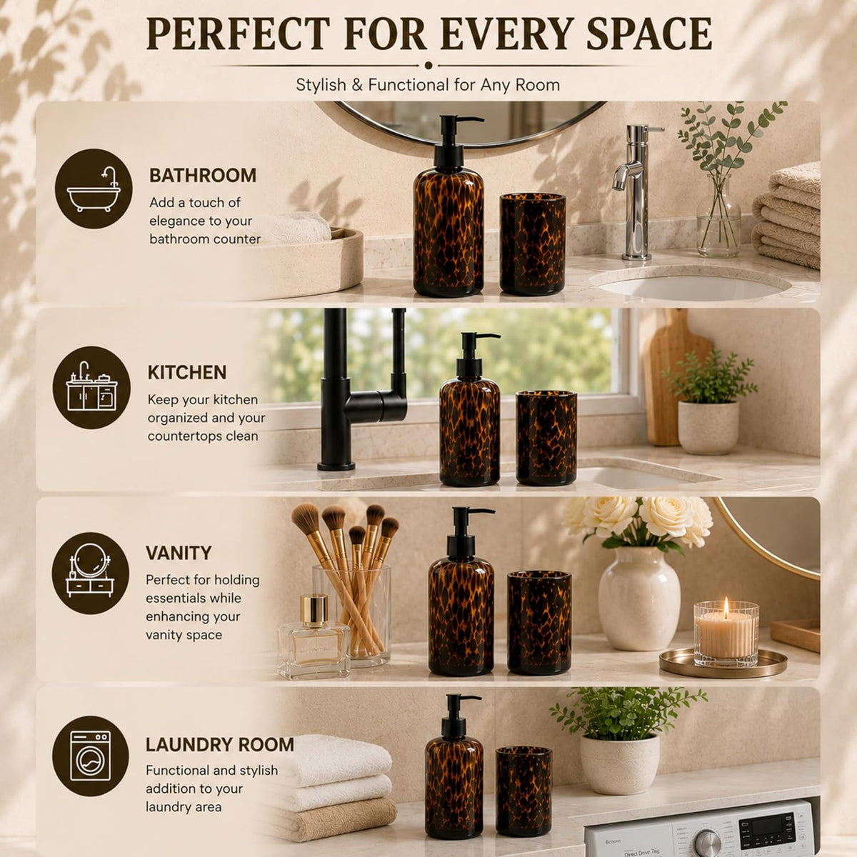 Tortoise Shell Bathroom Accessories | Tortoise Shell Soap Dispenser with Toothbrush Holder | Leopard & Cheetah Bathroom Accessories | Brown Bathroom Decor | Amber Glass Soap Dispenser with Black Pump