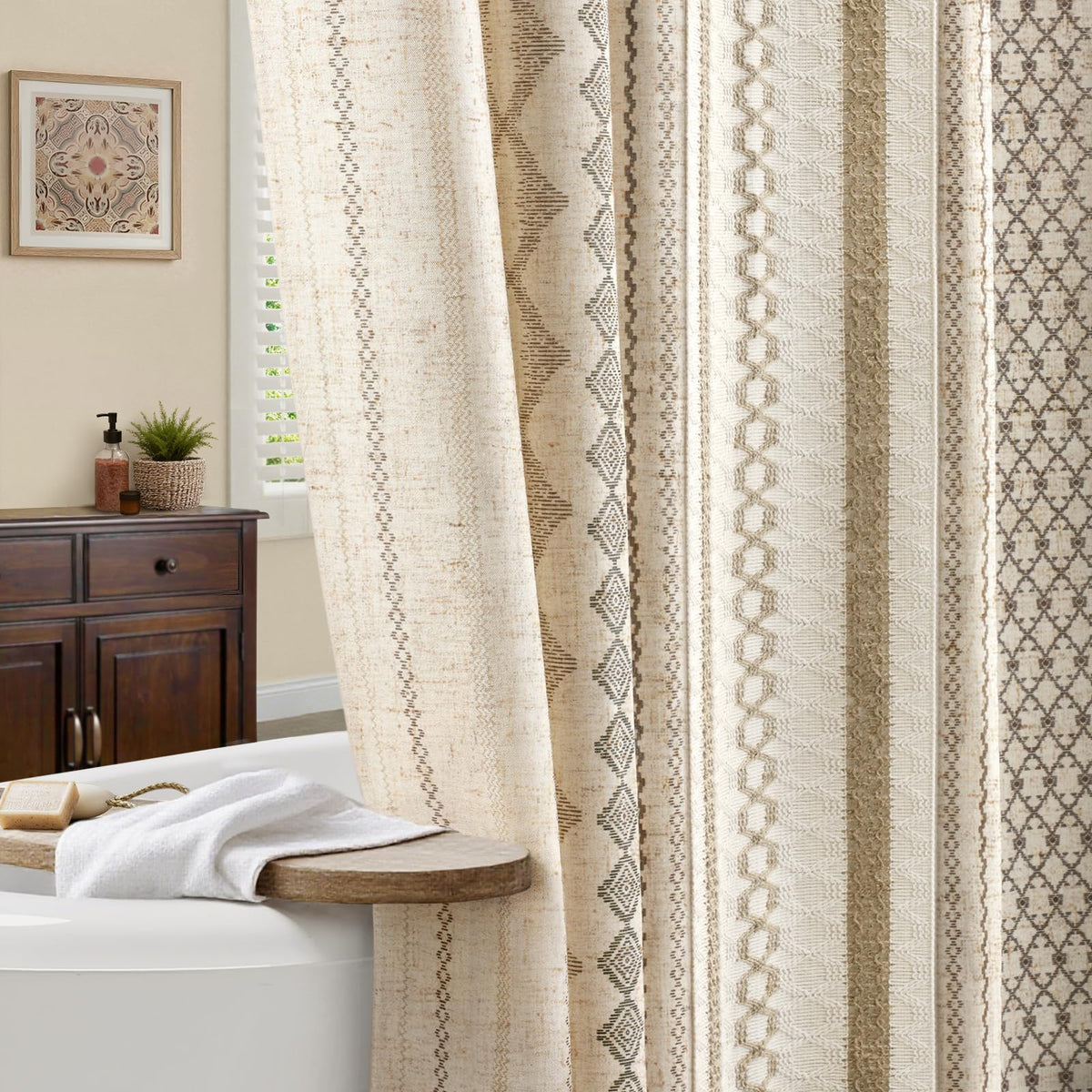 Natural Linen Boho Shower Curtain,72" W x 72" L