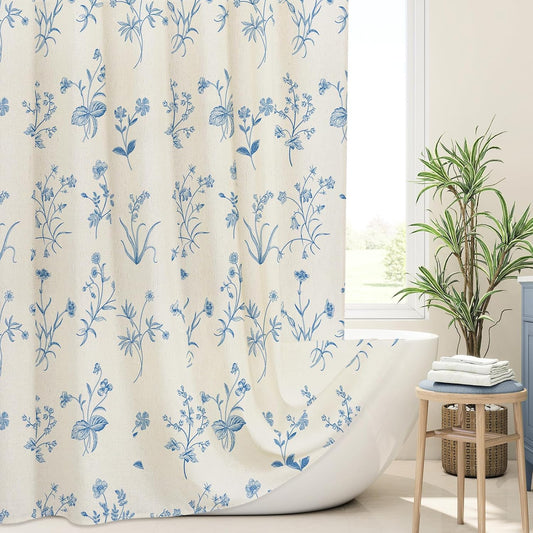 MitoVilla Blue Boho Linen Shower Curtain - Floral Farmhouse Curtain 72x72