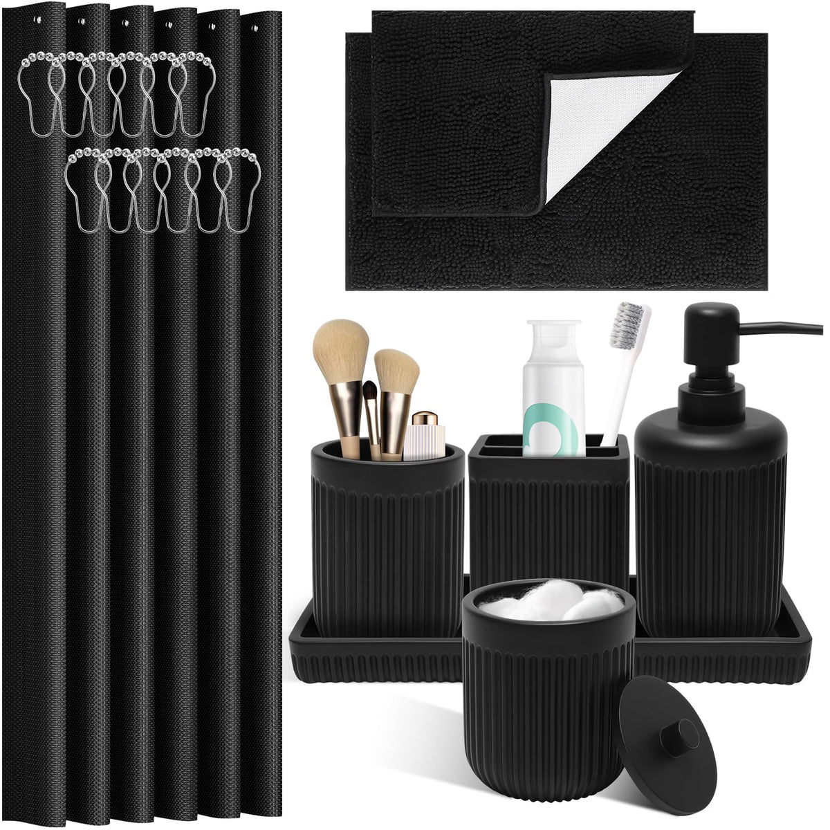 XLHOMO Resin Matte Black Bathroom Accessories Set 5 Pcs, Lotion Soap Dispenser, Toothbrush Holder, Bathroom Tumbler, Qtip Holder and Vanity Tray, Bathroom Countertop Organizer Set for Home Apartment