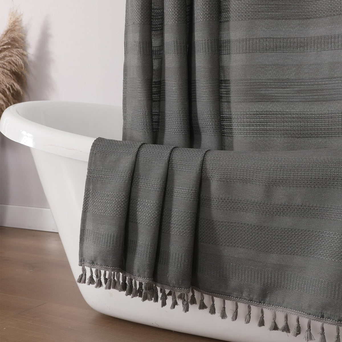 OVZME Extra Long Linen Shower Curtain - 84 Inch Long, Modern Farmhouse Heavy Duty Textured Soft Fabric, Rustic Country Boho Cloth Shower Curtain with Tassel for Bathroom Hotel, 72Wx84L Inches