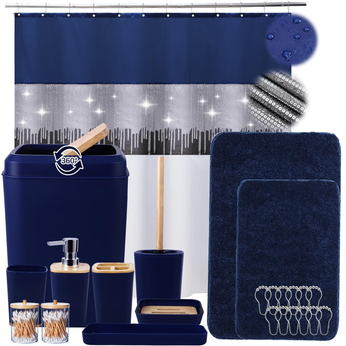 XLHOMO Bathroom Sets with Shower Curtain and Rugs,24PCS Black Bathroom Set Shower Curtain Set with Bathroom Trash Can Bathroom Accessories