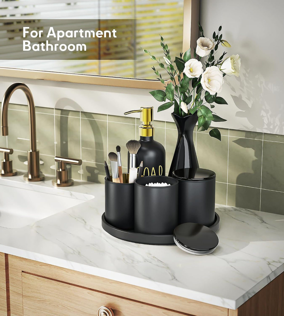 Black Bathroom Accessories Set with Tray, 6pcs Matte Black Bathroom Accessory Sets, Glass Soap Dispenser and Toothbrush Holder Set, Qtip Holder, Ceramic Flower Vase, Bathroom Set Decor