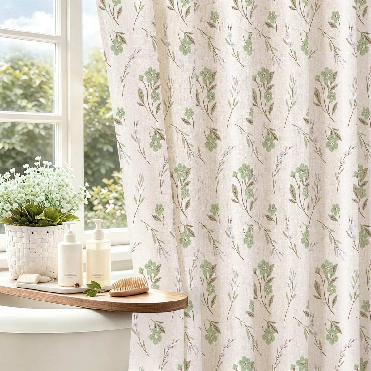 Blue Linen Farmhouse Shower Curtain, Vintage Boho Floral 72x72
