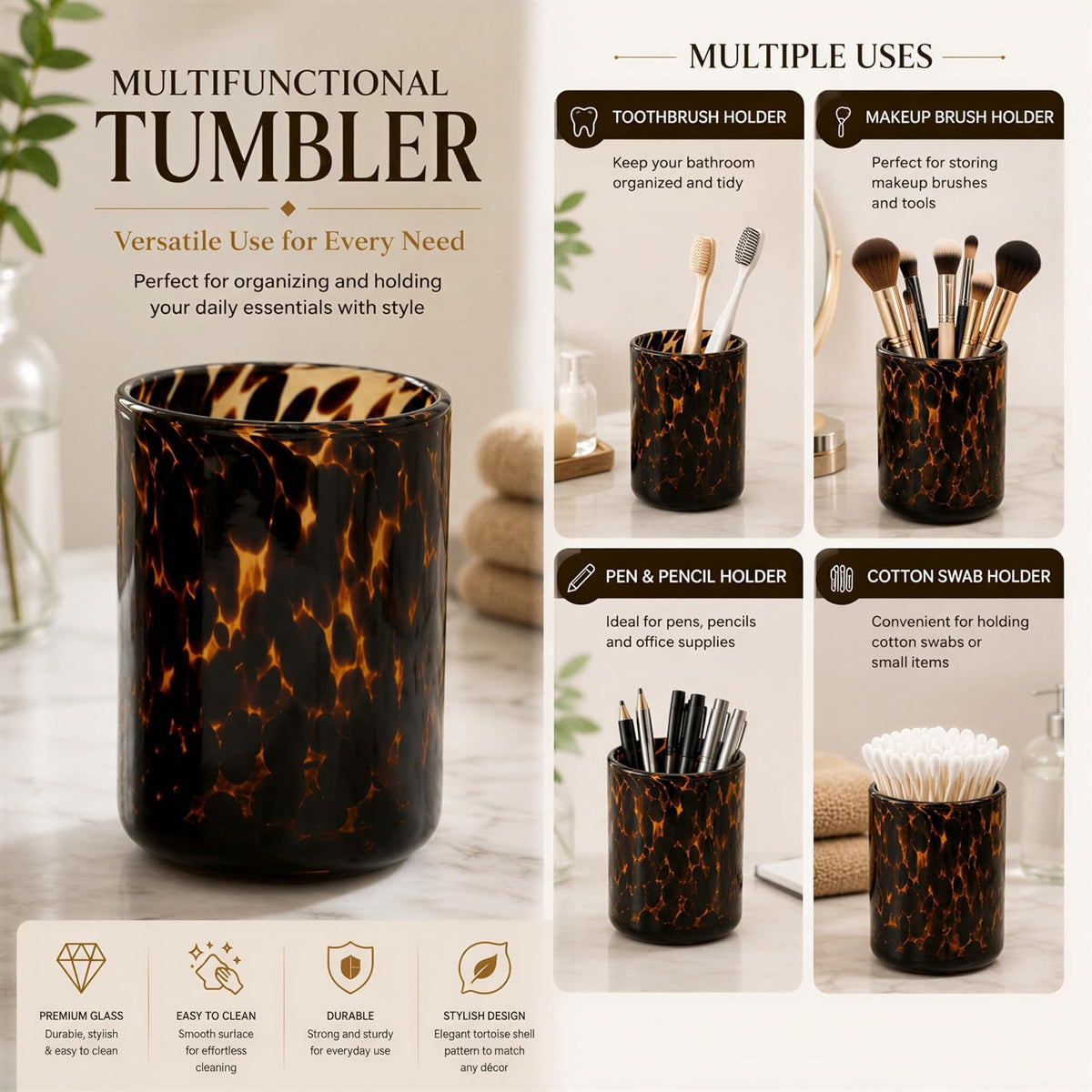 Tortoise Shell Bathroom Accessories | Tortoise Shell Soap Dispenser with Toothbrush Holder | Leopard & Cheetah Bathroom Accessories | Brown Bathroom Decor | Amber Glass Soap Dispenser with Black Pump
