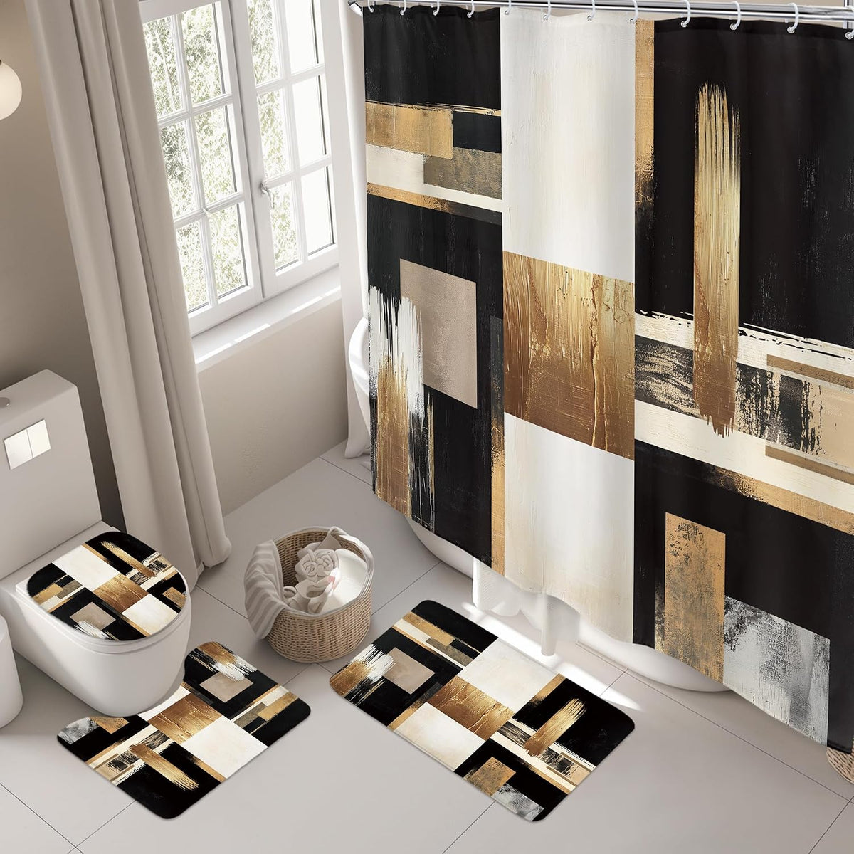 Black Gold Abstract Modern Oil 4Pcs Bathroom Shower Curtain Set with Rugs