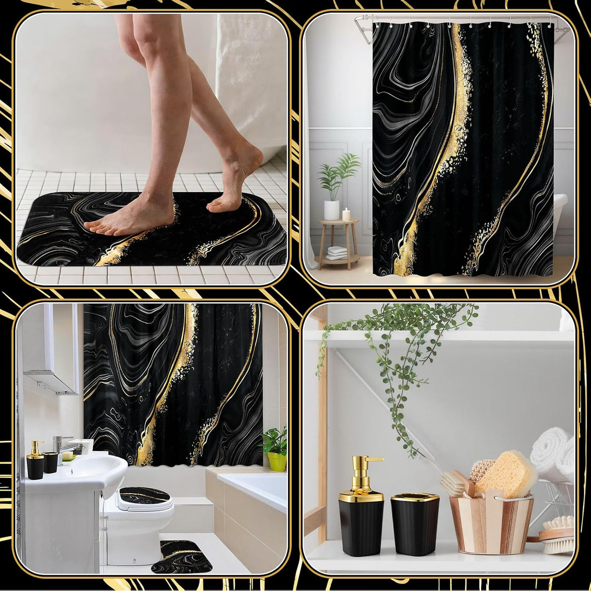 Patelai 10 Pcs Black and Gold Marble Bathroom Decor Set with Shower Curtain