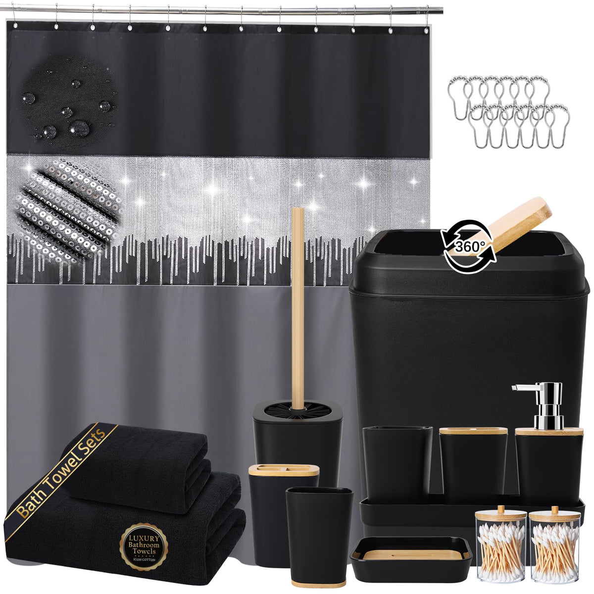 XLHOMO Bathroom Sets with Shower Curtain and Rugs,24PCS Black Bathroom Set Shower Curtain Set with Bathroom Trash Can Bathroom Accessories
