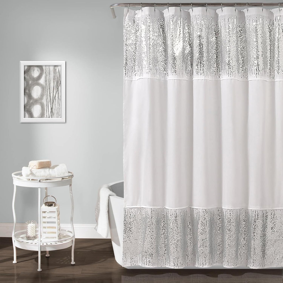 Lush Decor Shimmer Sequins Shower Curtain Single 70" W x 72" L Silver - Sequin Shower Curtains for Bathroom - Modern Glam Bathroom Curtains