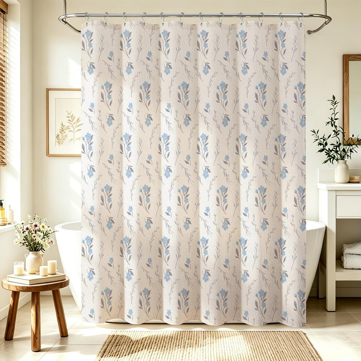 Blue Linen Farmhouse Shower Curtain, Vintage Boho Floral 72x72