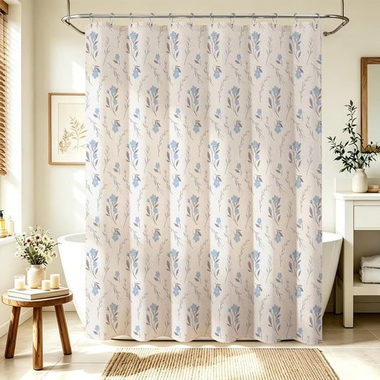 Blue Linen Farmhouse Shower Curtain, Vintage Boho Floral 72x72