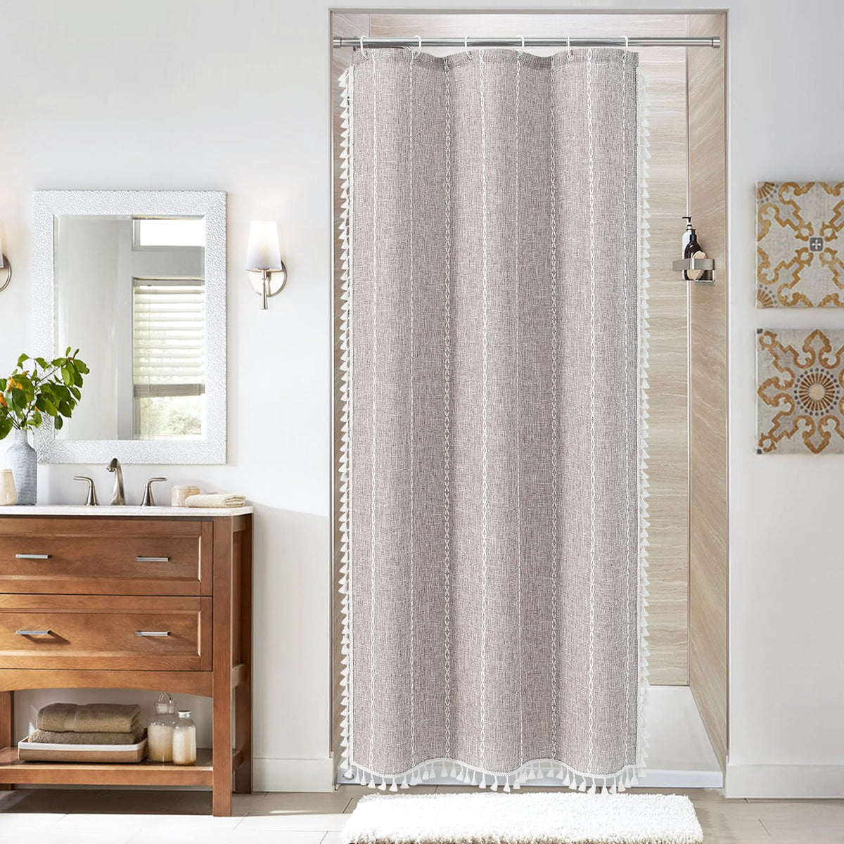 Boho Farmhouse Tassel Linen Shower Curtain,3D Embroidery Stripe Blue,72x72