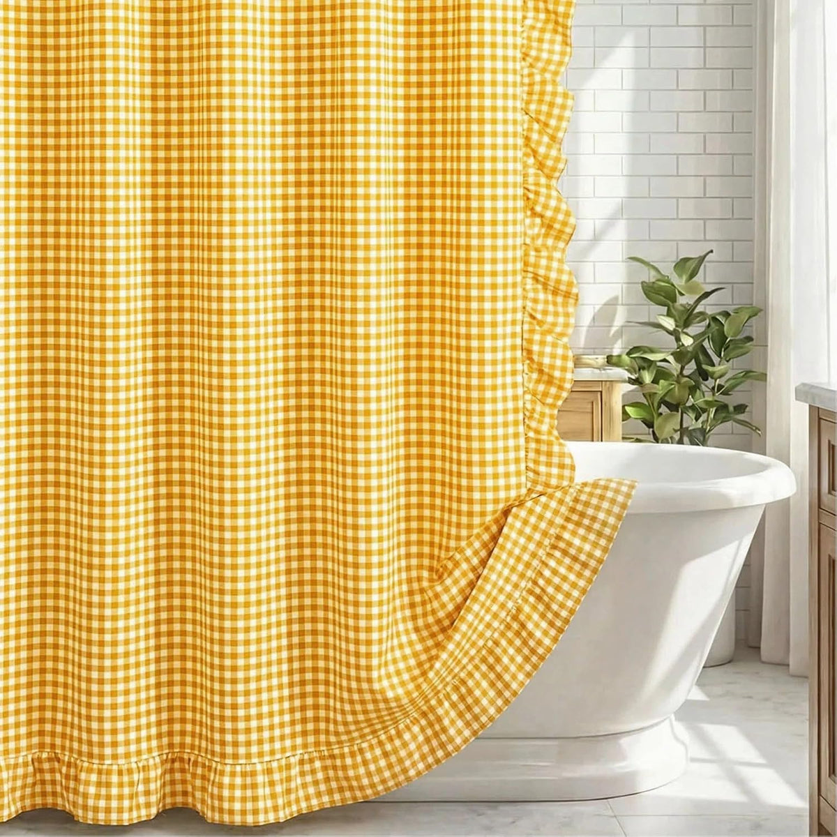 HunnmingRe Ruffle Hem Gingham Shower Curtain Sage Green