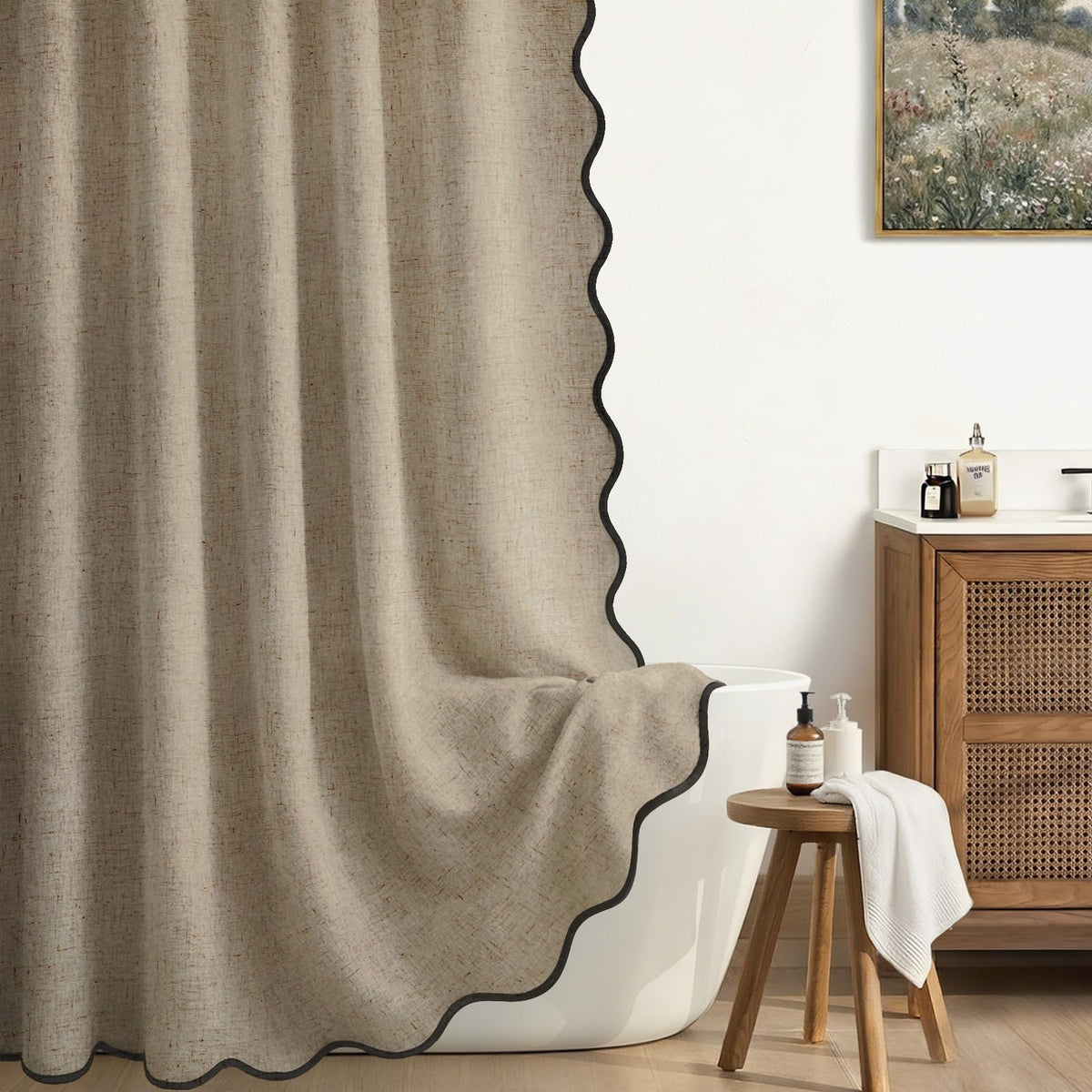Scalloped Shower Curtain Linen Boho Beige 72" W x 72" L
