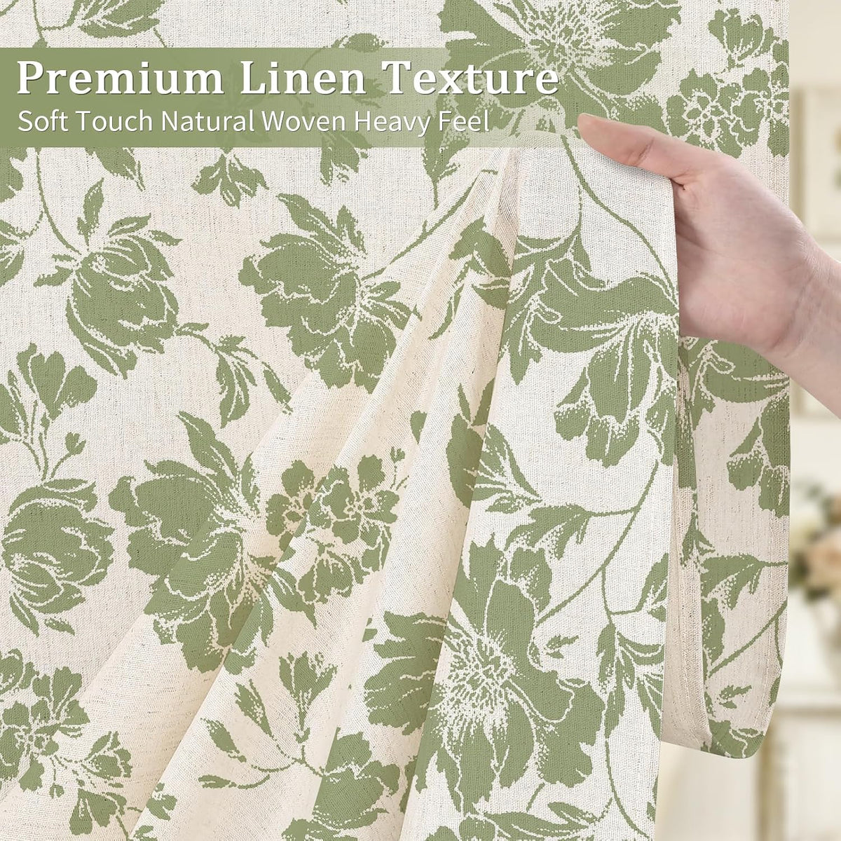 Sage Farmhouse Boho Botanical Floral Linen Shower Curtain, 72x72