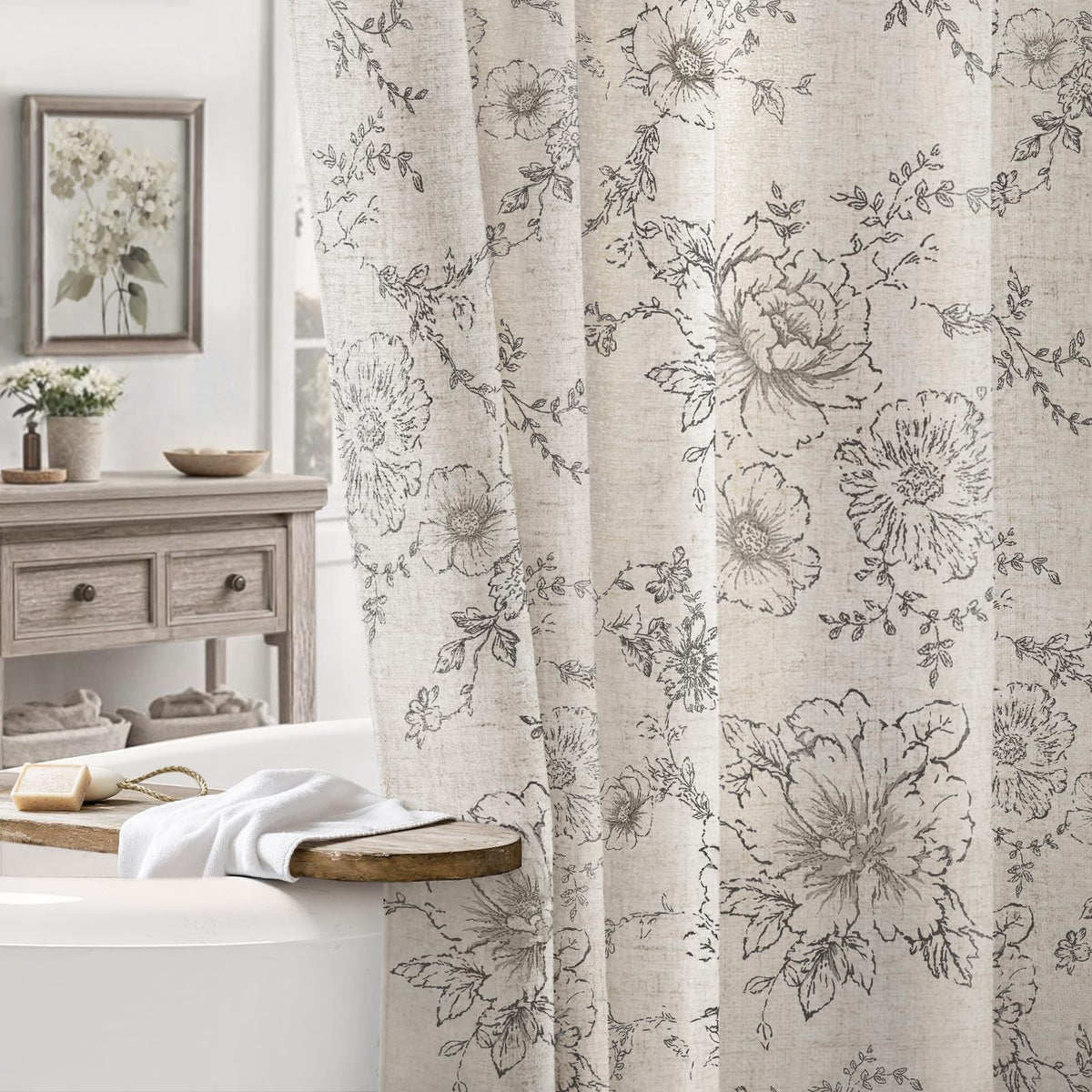 Farmhouse Floral Vintage Shower Curtain for Bathroom, Black and Tan Taupe