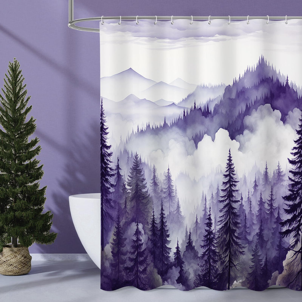 Dark Green Pine Forest Shower Curtain, Misty Woodland, 72 x 72 Inches