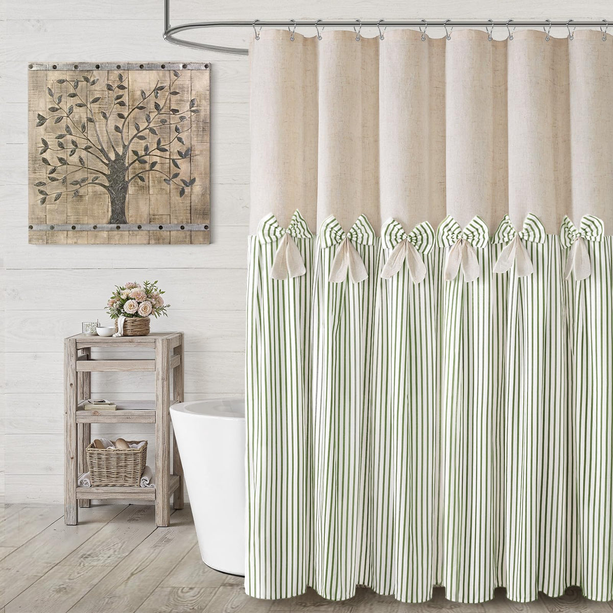 Farmhouse Shower Curtain Linen Beige Button Brown Stripe 72"W x 72"L