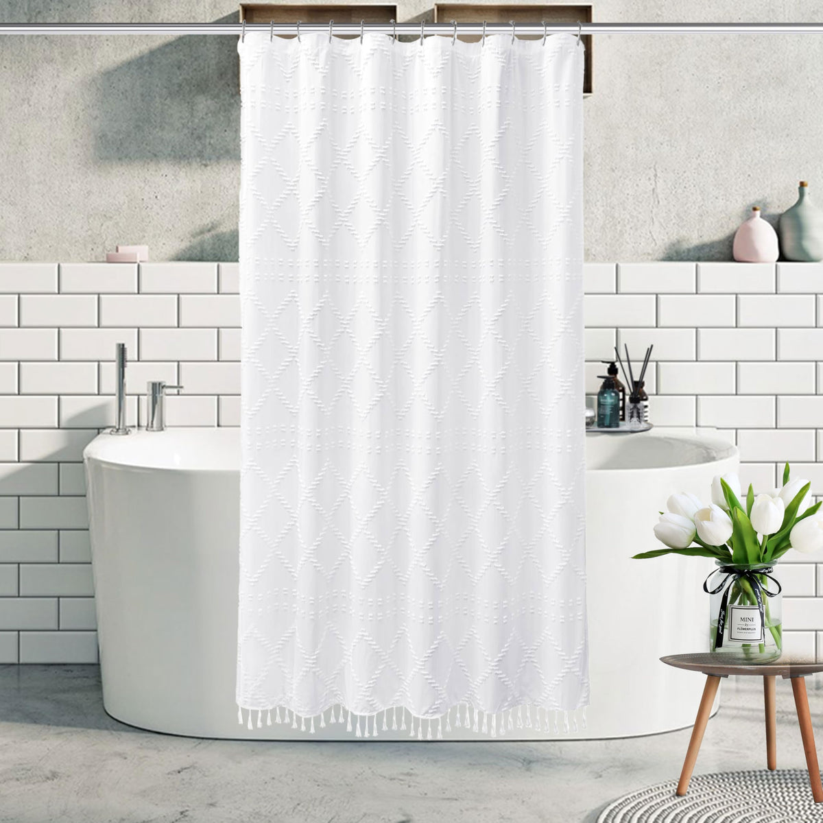 Siiluminisoy Sage Green Boho Shower Curtain Fabric Shower Curtain, 72 x 72 Tufted Chevron Textured Striped Modern Farmhouse Minimalist Cloth for Bathroom
